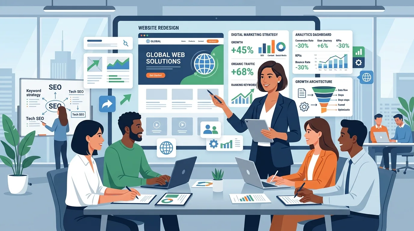 Senior SEO specialist collaborating with executive leadership and design teams to plan a search-optimized website redesign and protect organic keyword equity.