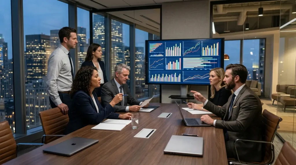 A team of professional financial analysts reviewing charts on a large screen in a sleek boardroom.