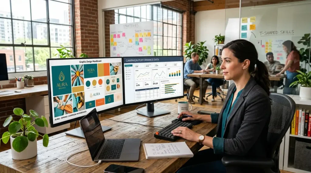 T-shaped remote digital marketing manager balancing creative ad design with rigorous data analytics to scale acquisition.