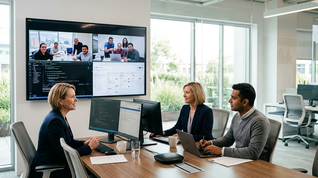 Senior executive and tech lead collaborating synchronously via video conference with a dedicated nearshore engineering team during overlapping daylight business hours.