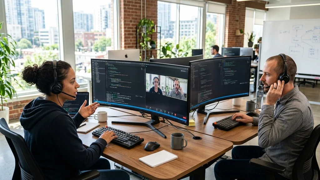 Remote software engineers pair programming and reviewing architecture in real time during a shared daytime Agile sprint.