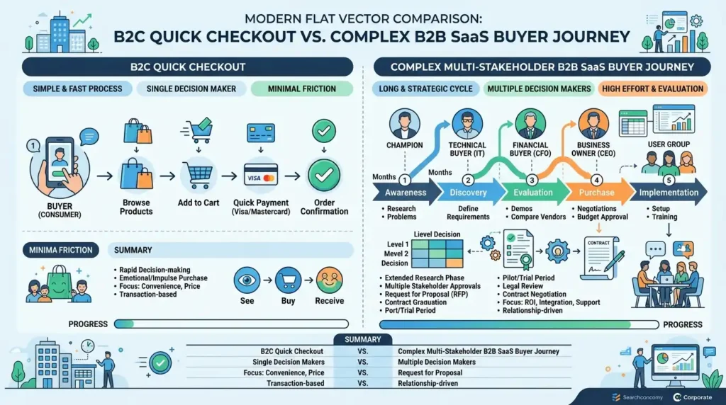 Comparison flowchart contrasting rapid transactional B2C search behaviors with multi-stakeholder enterprise B2B SaaS evaluation funnels