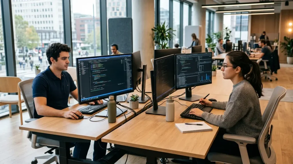 Two software developers working on dual monitors in a modern office, focused and engaged.