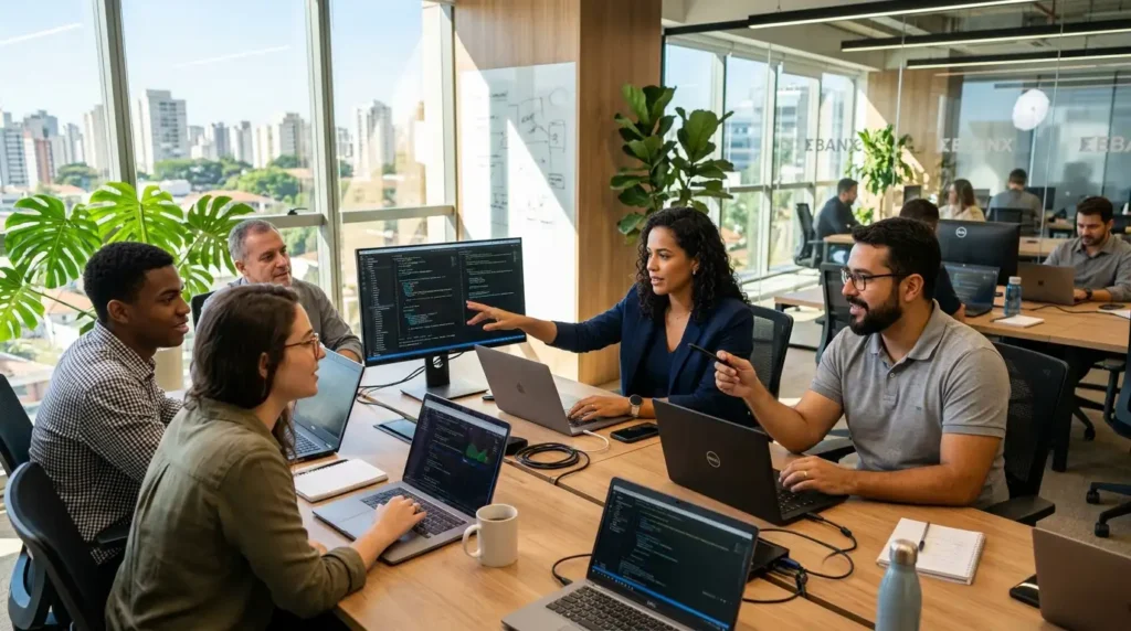 A team of skilled software engineers collaborating in a sunny, modern Brazilian tech office.
