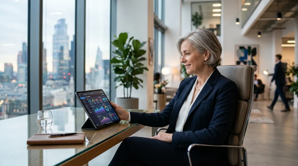 A confident CEO reviewing a digital dashboard on a tablet, looking relaxed and secure.