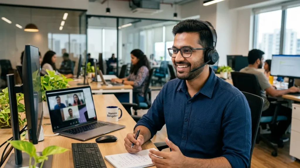A remote software developer smiling on a video call, communicating confidently with a team.