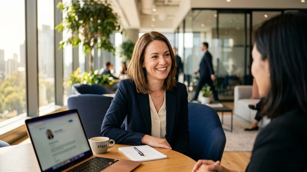 Recruitment brand ambassador conducting a personalized 1-on-1 career consultation in an executive lounge