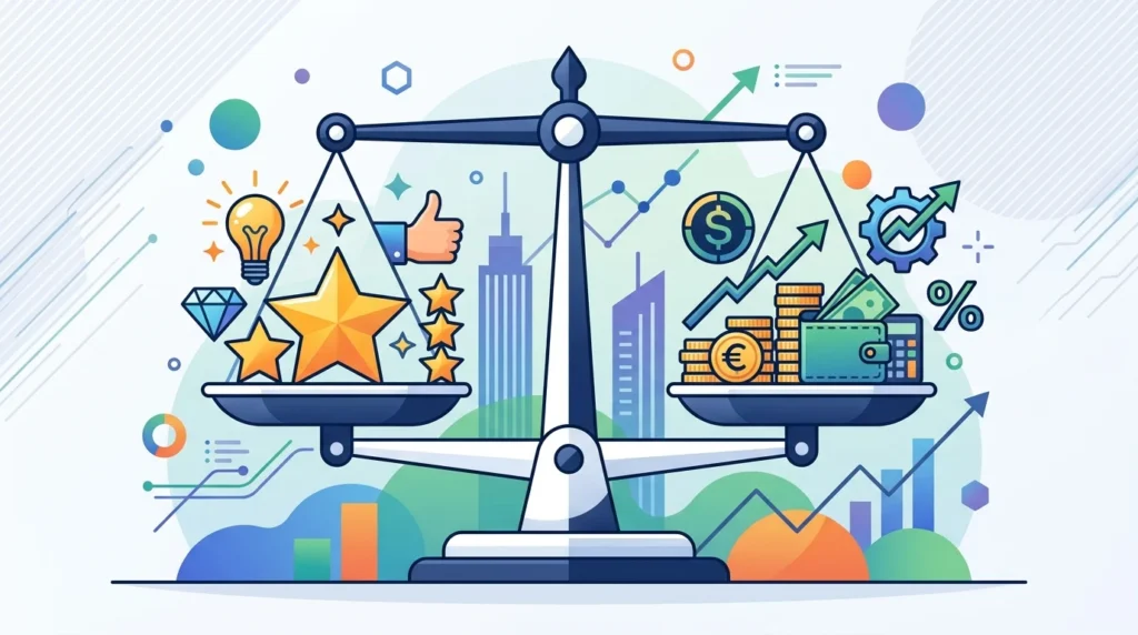 A clean 2D vector illustration of a balanced scale representing high quality and cost efficiency in business.