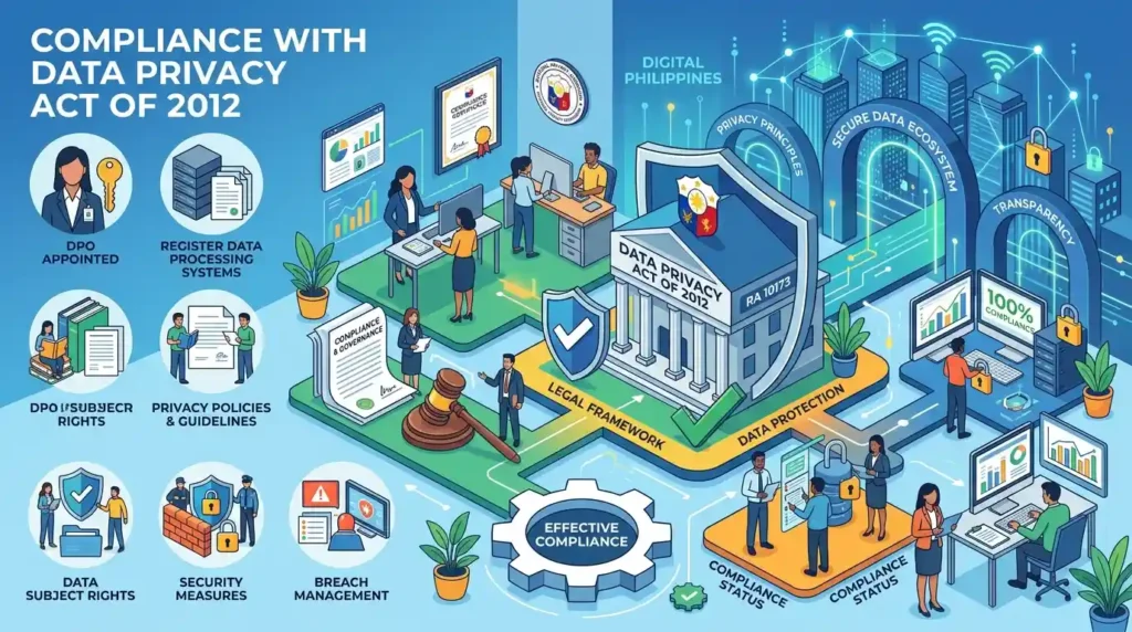 Digital compliance architecture representing legal protections under the Philippine Data Privacy Act of 2012 for international corporate data
