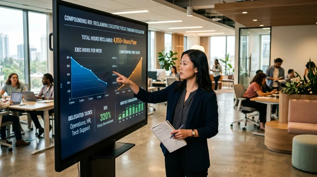 Strategic founder analyzing executive time management and compounding ROI from delegating repetitive operational tasks.