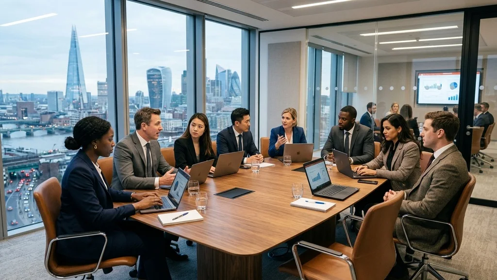 Diverse international remote team collaborating around a modern boardroom conference table