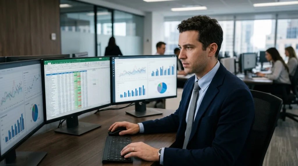 A focused financial analyst working at a multi-monitor desk with spreadsheets and data visualizations.