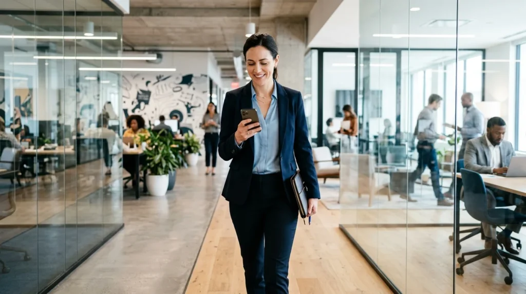 A busy founder walking through a bright modern office, looking at a mobile phone, feeling relieved and organized.