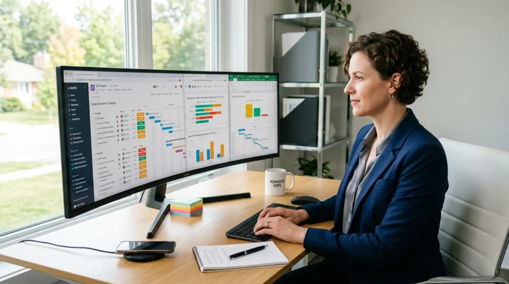 Vetted remote operational assistant managing cross-departmental project tracking and executive operations on an ultrawide monitor.