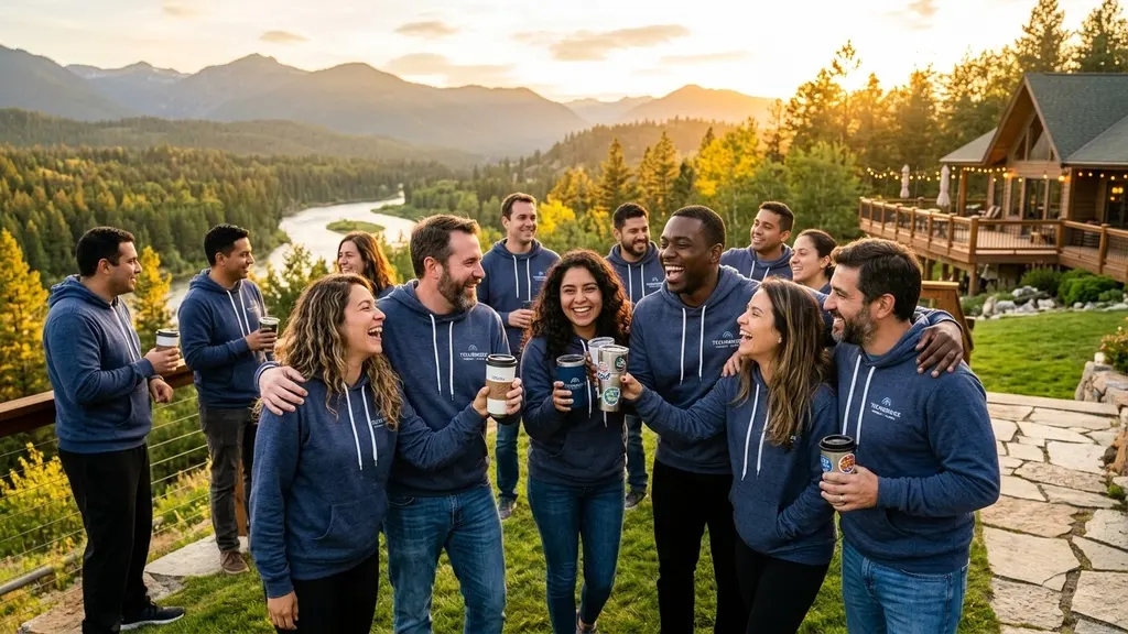 Unified remote and domestic team members celebrating company milestones together during an inspiring annual offsite gathering.