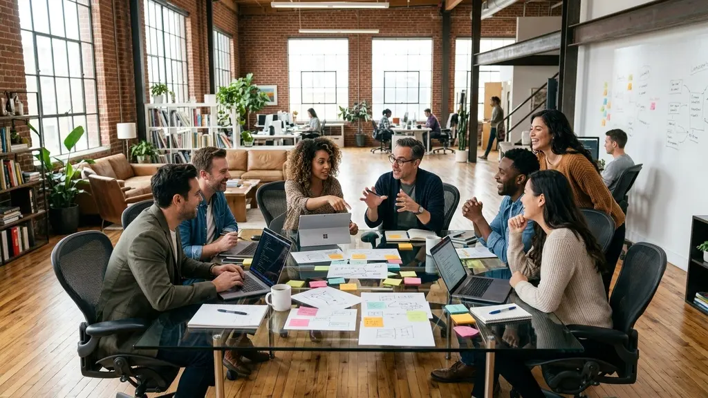 Dynamic and collaborative tech team brainstorming around a modern glass table in an open loft office
