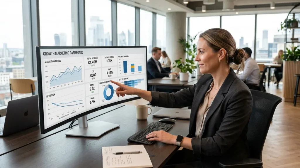 Full-time remote marketing manager tracking pipeline metrics, customer acquisition costs, and closed-won revenue on an analytics dashboard.
