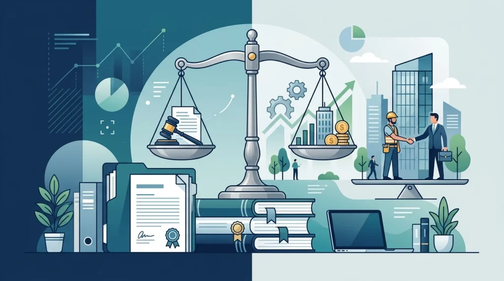 Legal compliance illustration representing Mexico Federal Labor Law regulations, statutory employee profit sharing, and severance requirements