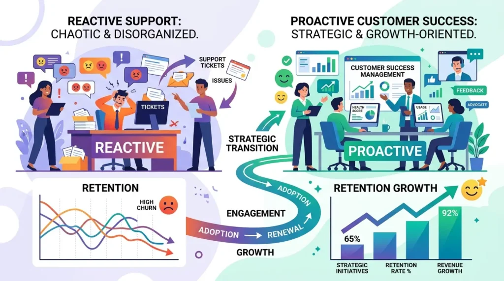 : Business strategy diagram illustrating the organizational shift from reactive support ticket handling to proactive customer success and net revenue retention