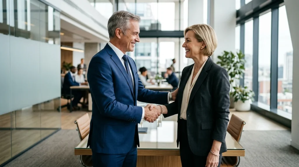 Two senior corporate professionals shaking hands in a bright, modern office signifying a successful partnership.