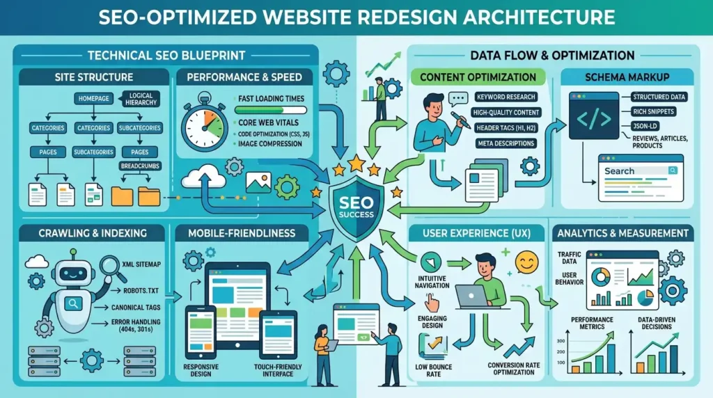 Technical SEO architecture blueprint illustrating site taxonomy, crawlability, mobile responsiveness, and schema data flow during a website redesign