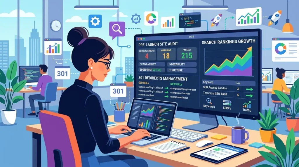 Technical search engine optimization expert managing pre-launch staging audits, 1:1 301 redirect mapping, and real-time organic search ranking retention