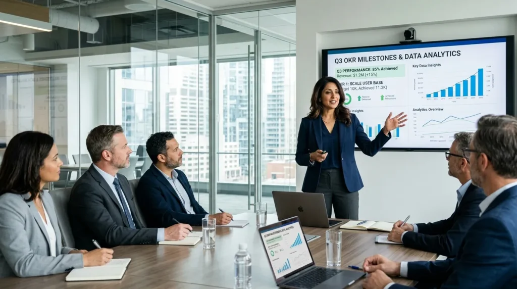Strategic executive business partner presenting data analytics and quarterly OKR milestones to leadership team in a boardroom.