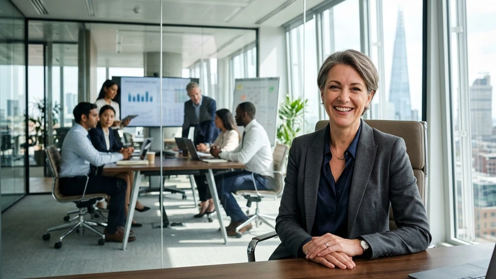 Corporate executive leader smiling in a modern office with high-performing global team in the background