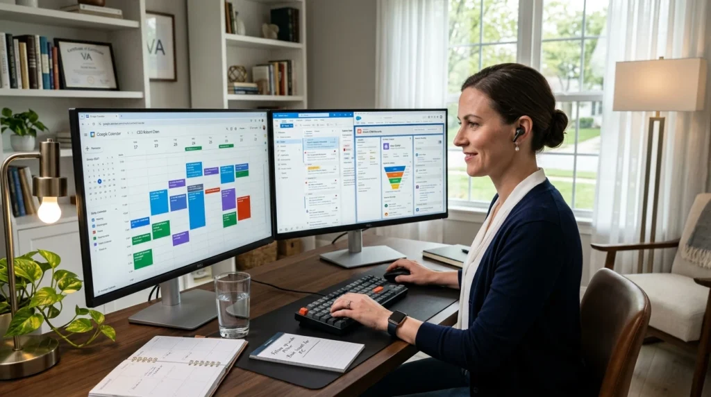 Dedicated virtual assistant managing calendar scheduling, email triage, and CRM workflows from day one.