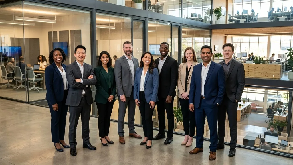 Confident and fully verified corporate software engineering team standing in a modern office