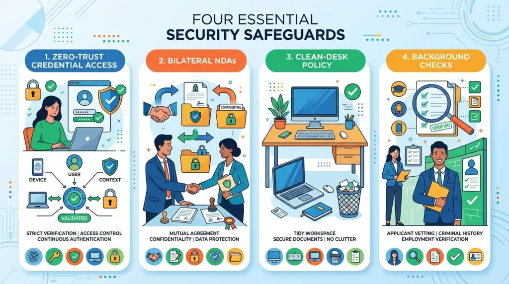 Four-tier remote security protocol featuring zero-trust access, bilateral non-disclosure agreements, clean-desk policies, and background vetting
