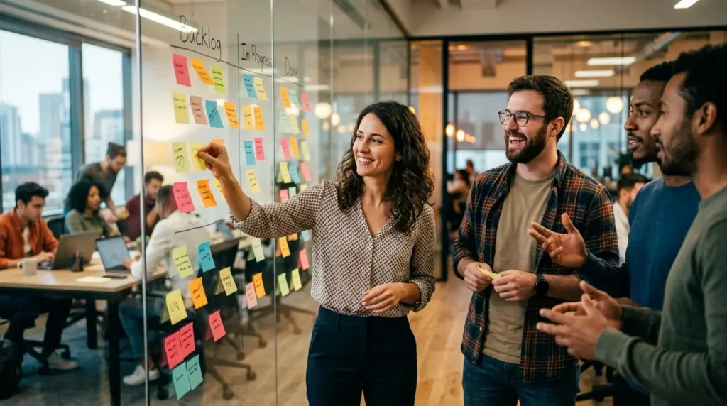 Energetic agile sprint stand-up meeting with tech professionals moving sticky notes.