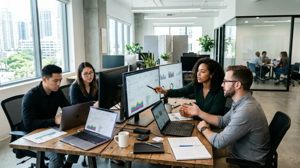 Modern digital marketing team analyzing data in a bright office