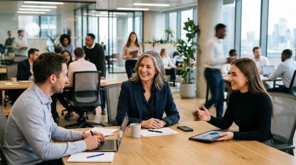 A busy executive looking relaxed and supported in a modern office, conveying leadership and effective delegation.