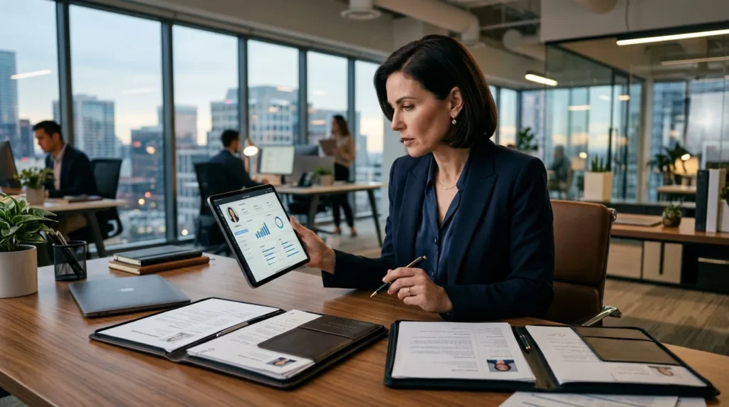 HR executive comparing digital employee data on a tablet with physical portfolios