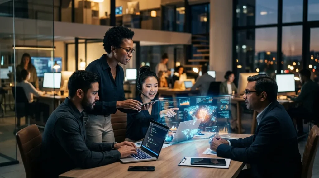 Diverse modern tech professionals working with holographic data displays.