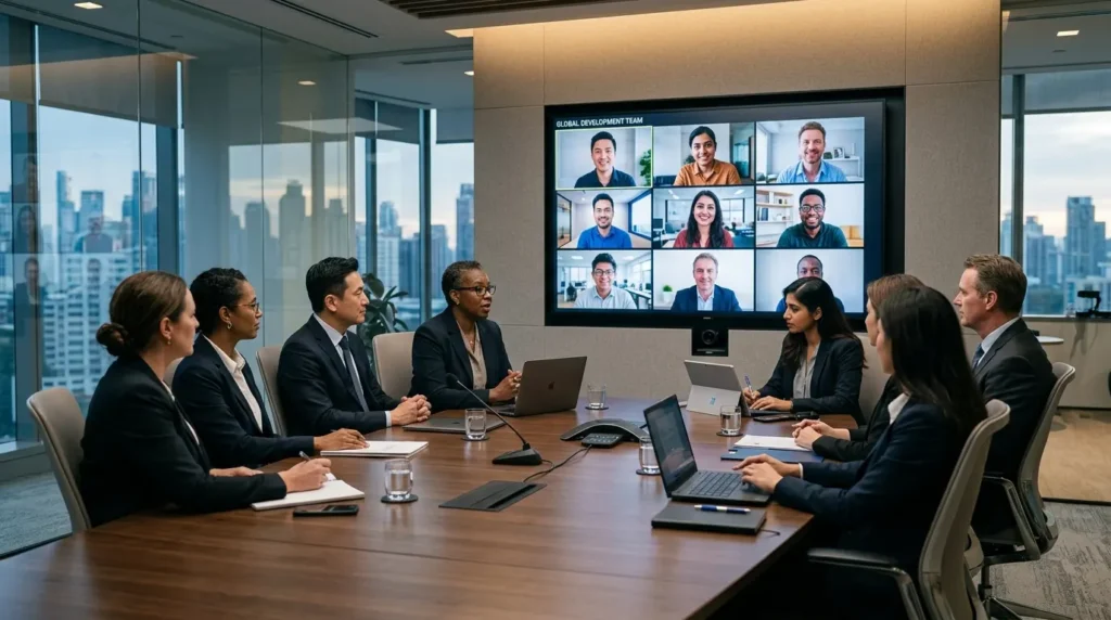 Global management team having a video conference with international developers.