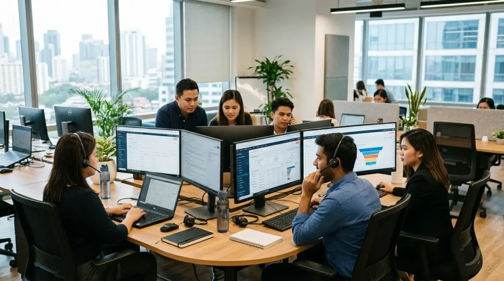 A professional offshore virtual assistant team working dynamically in a modern office setup, engaged in SDR and CRM operations.