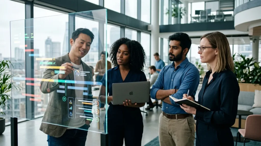 A modern, diverse tech team collaborating on a digital product roadmap.