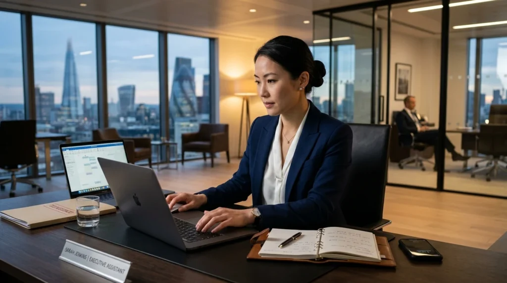 Highly realistic photograph of a professional executive assistant working diligently in a modern, high-end corporate office.