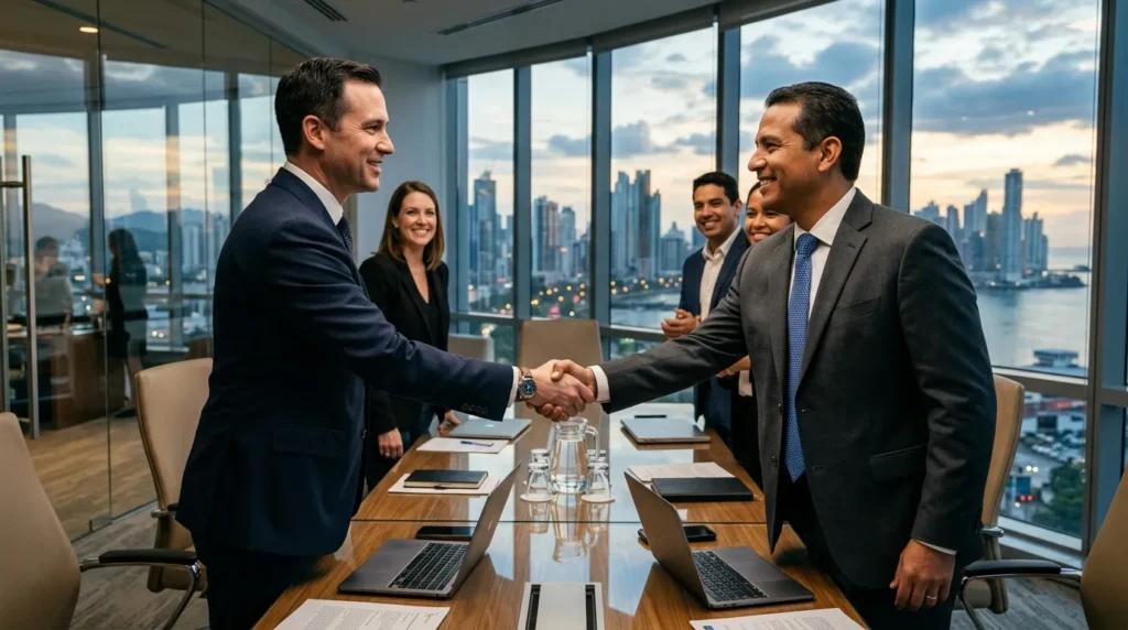 Business handshake between American executives and Latin American tech partners