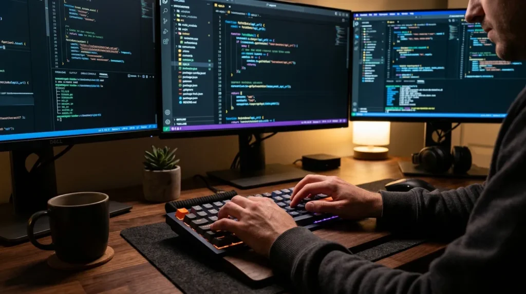 A software developer typing on a mechanical keyboard with code on multiple monitors.