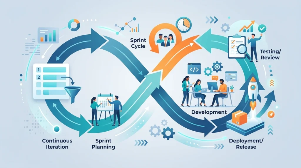 Vector illustration of an agile sprint workflow cycle and continuous iteration.