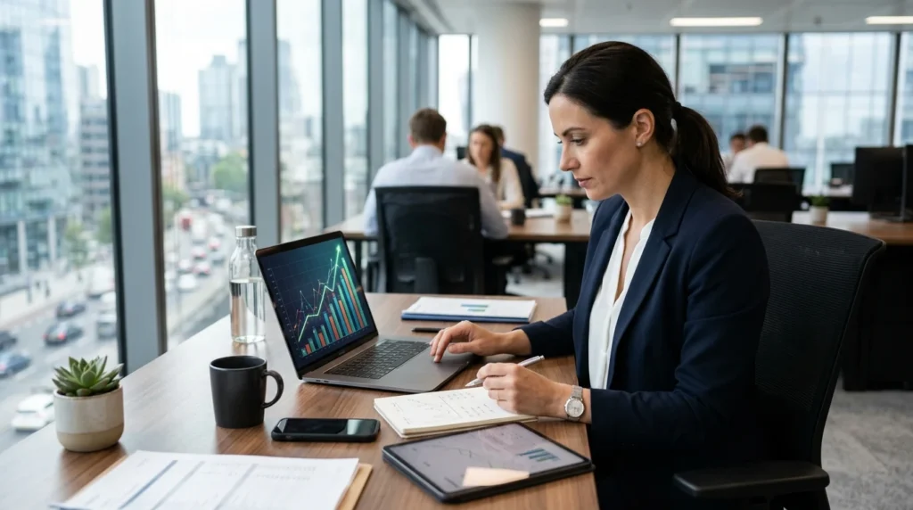 A business professional analyzing financial growth and cost optimization strategies on a laptop in a modern sales context.