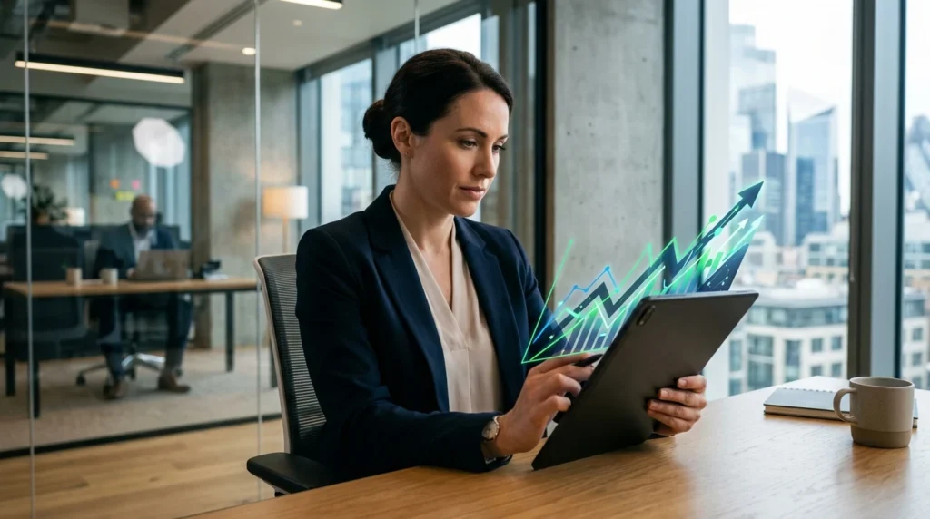 A professional analyzing an abstract upward trending chart on a sleek tablet in a modern office, conveying financial growth and strategic savings.