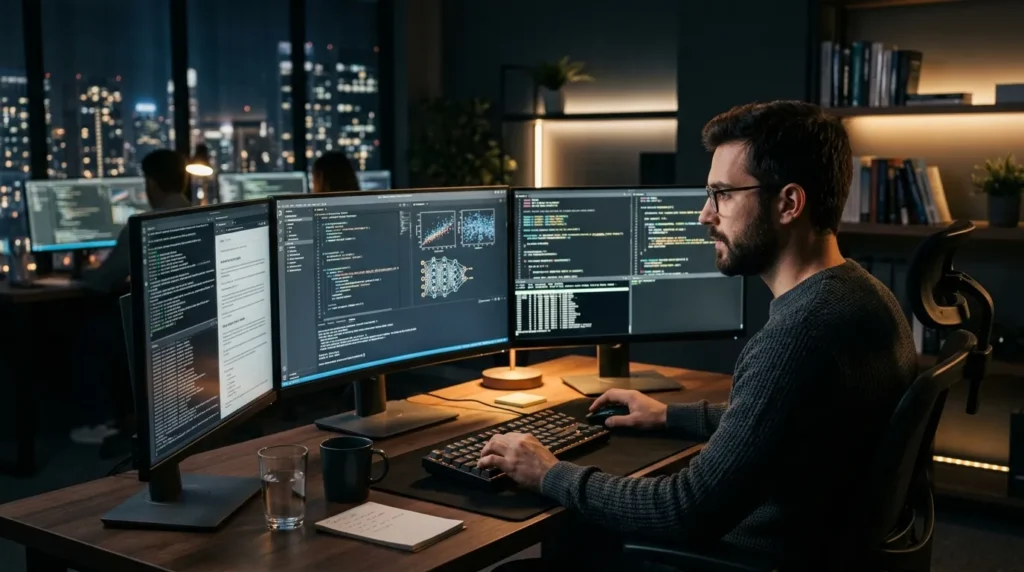 Focused machine learning engineer working on multiple monitors.