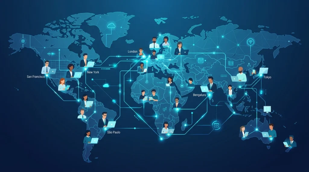 A stylized world map showing global tech professionals connected digitally.
