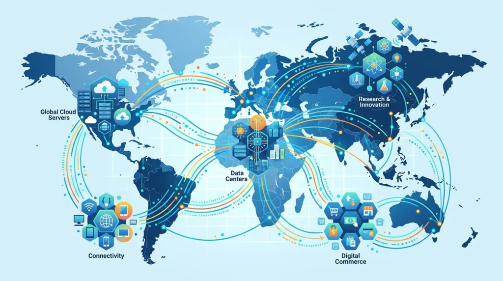 Stylized vector showing global tech ecosystem connections.
