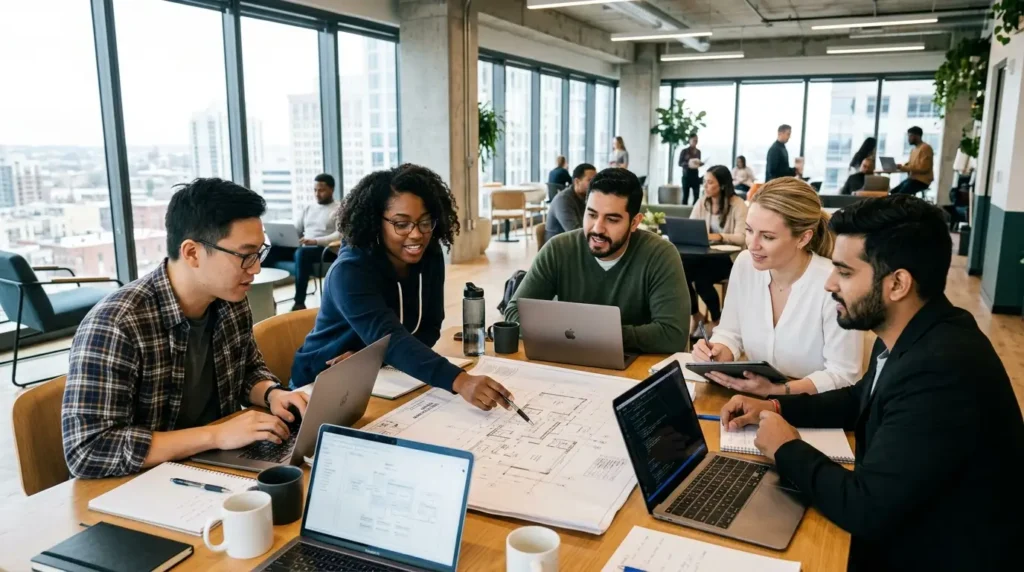 Software engineers collaborating over blueprints and laptops