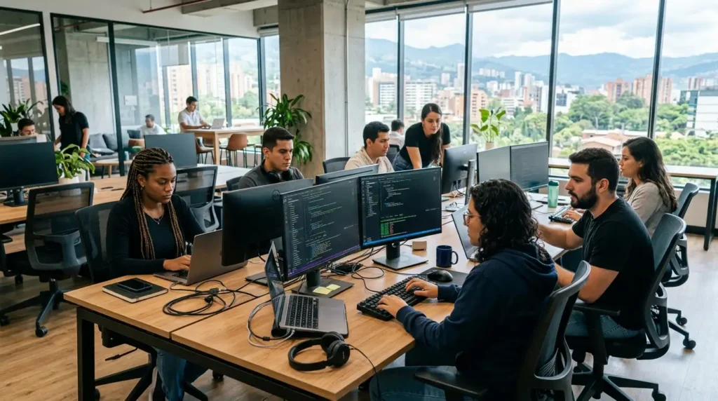 Dedicated team of nearshore software developers coding in a bright tech hub.